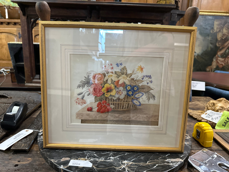 WATER COLOR PAINTING OF FLOWER BASKET STILL LIFE