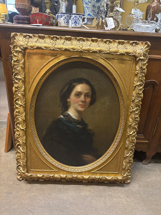 GILT ORNATE FRAMED 19TH CENTURY PORTRAIT OF LADY OVAL OIL PAINTING
