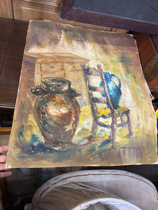 MEDIUM IMPRESSIONIST STILL LIFE PAINTING WITH BLUE VASE - SIGNED - AS FOUND