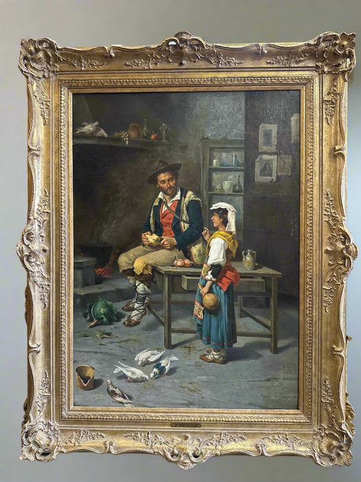 LARGE GILT FRAMED INTERIOR ITALIAN OIL PAINTING FATHER AND CHILD BY DE VIVO "THE PEASANTS RETURN"