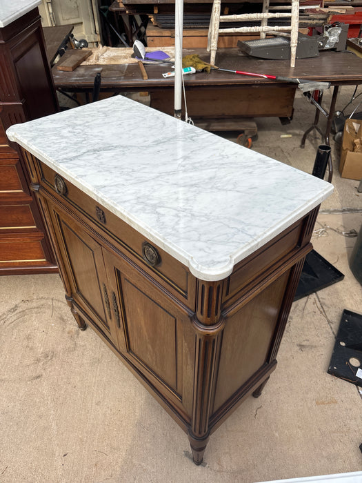SMALL LOUIS XVI WHITE MARBLE TOP 2 DOOR MAHOGANY CONSOLE WITH DRAWER