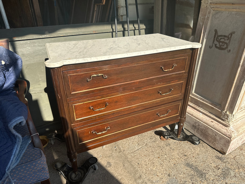 DARK MAHOGANY 3 DRAWER LOUIS XVI WHITE MABRLE TOP CHEST