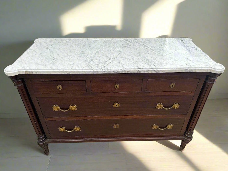 LARGE LOUIS XVI CARERRA MARBLE TOP MAHOGANY 5 DRWER CHEST