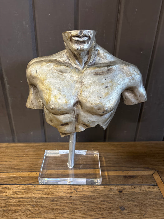 SILVER AND ACRYLIC MAN BUST ON CLEAR STAND