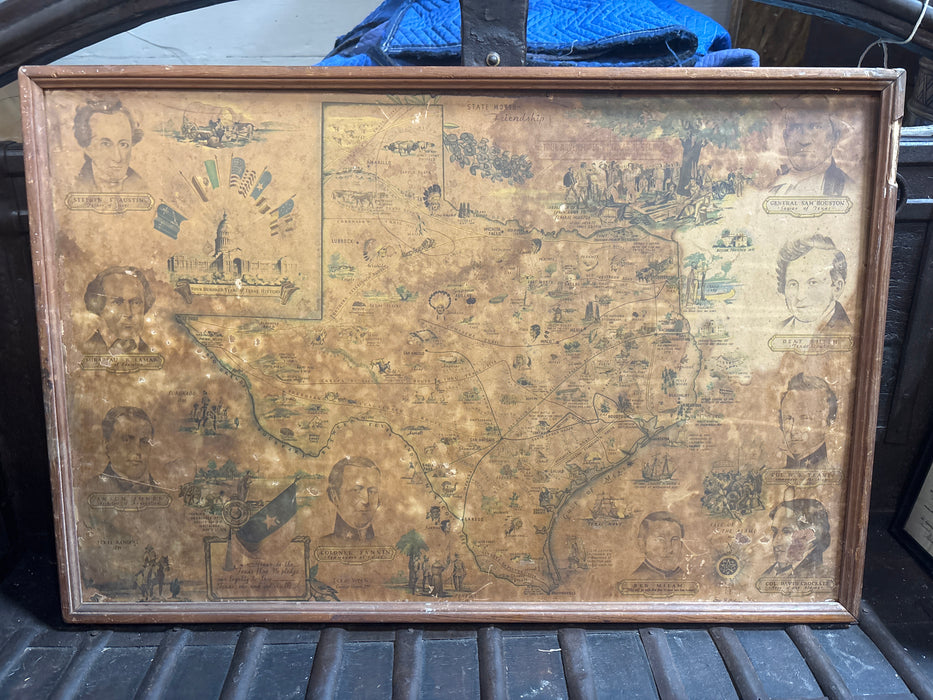 LARGE WOOD FRAMED HISTORICAL MAP OF TEXAS-AS FOUND