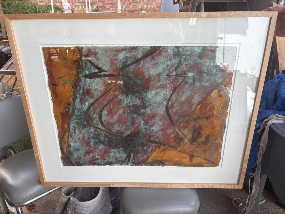 LARGE WOOD FRAMED MODERN ART PAINTING WITH WHITE MATTE