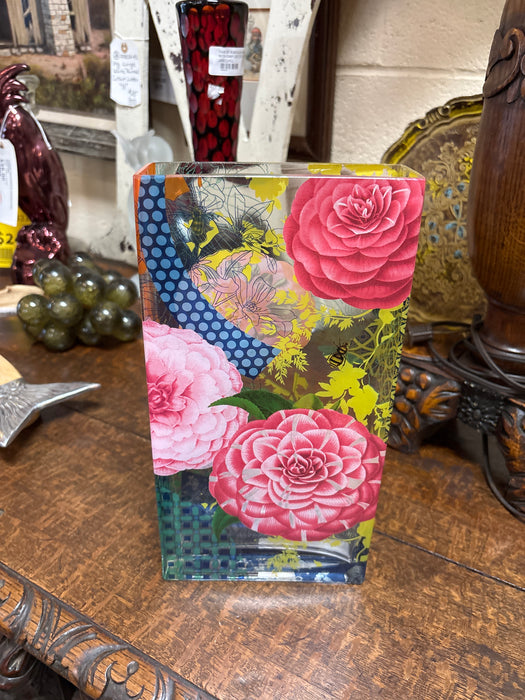 FLORAL TALL SQUARE GLASS VASE