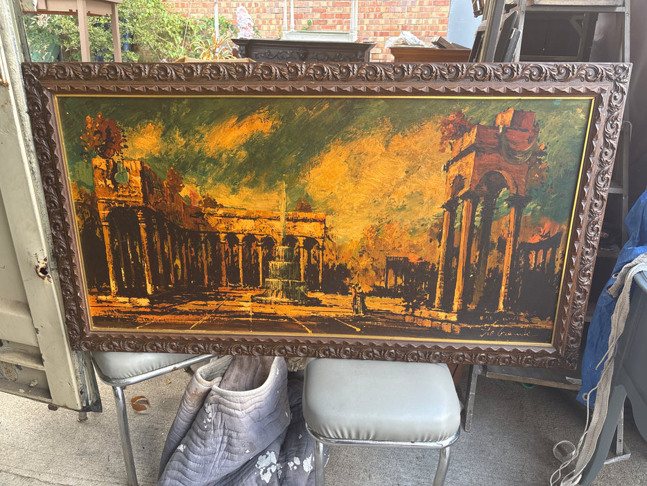 LARGE CARVED WOOD FRAMED PRINT OF RUINS ON BOARD - SIGNED