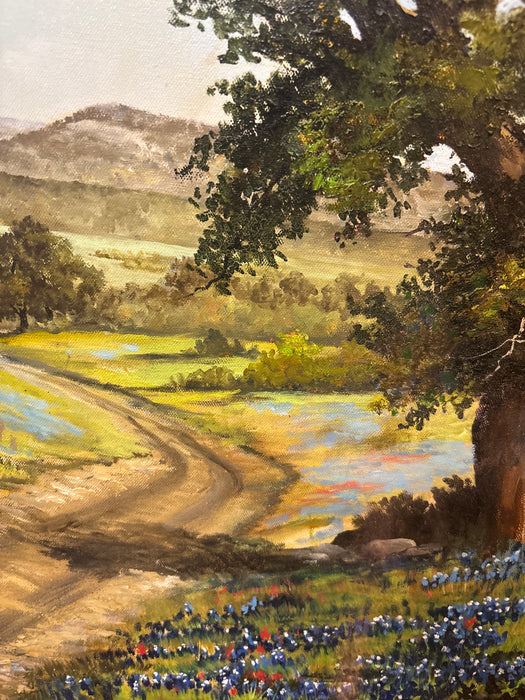 LARGE RESTORED FRAMED BLUE BONNET AND FARM HOUSE LANDSCAPE PAINTING - SIGNED SHIRLEY DOWD