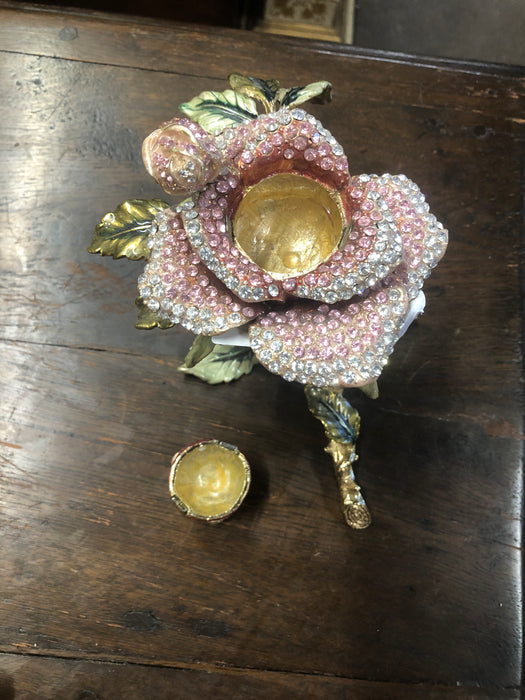 LARGE SILVER AND PINK JEWELED ENAMELED METAL ROSE