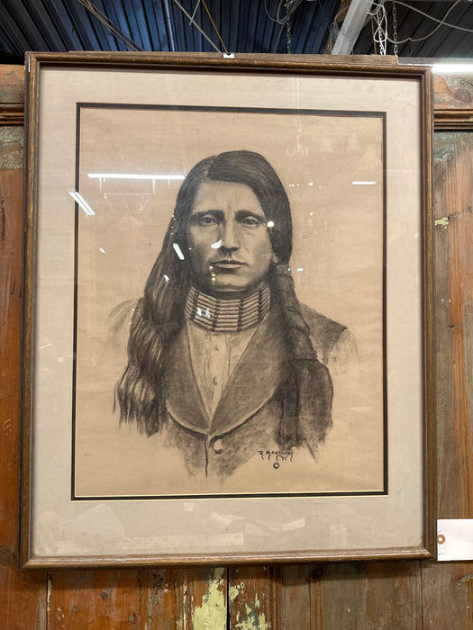 CHARCOAL DRAWING OF AN INDIAN SIGNED RM KELLY