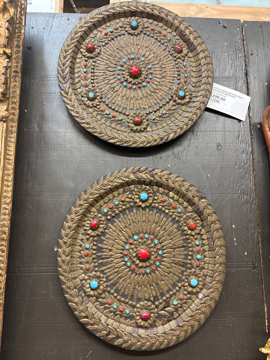 PAIR OF ROUND WOOD PLAQUES WITH BRASS AND BEADS