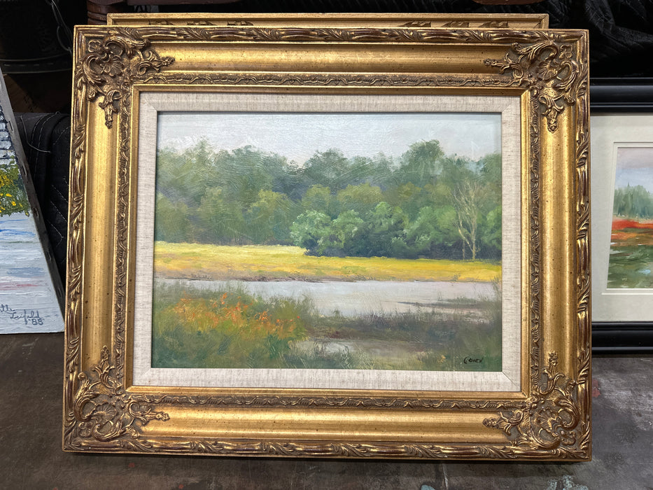 SMALL FRAMED LANDSCAPE OIL PAINTING OF A LAKE  SIGNED GOMEZ