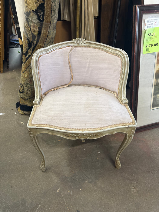 LOUIS XVI LOW GRAY ARCHED BACK PAINTED VANITY CHAIR - AS FOUND