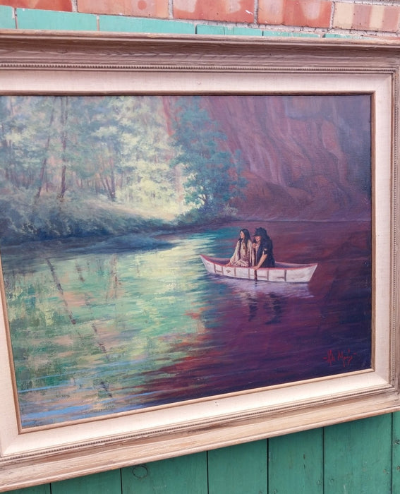 OIL PAINTING OF INDIANS IN A CANOE BY RITA MORRIS
