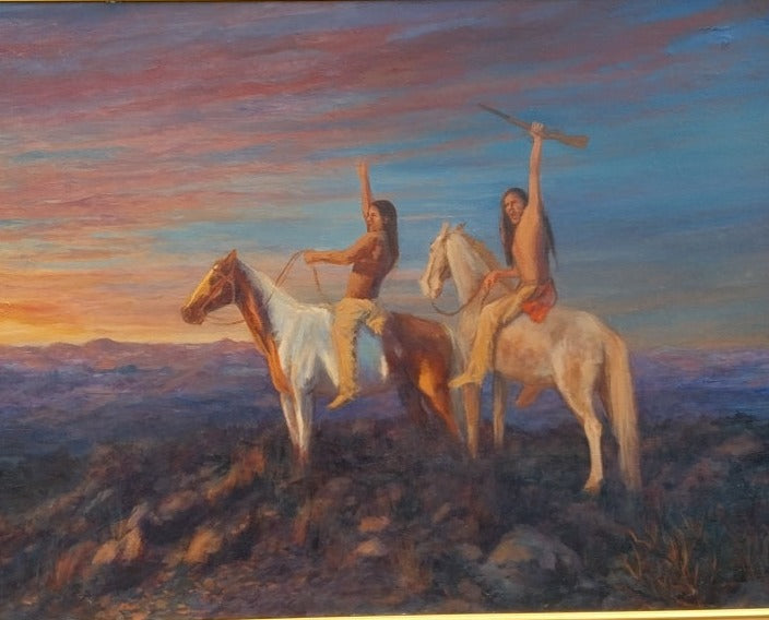 OL PAINTING OF 2 INDIAN BRAVES BY RITA MORRIS