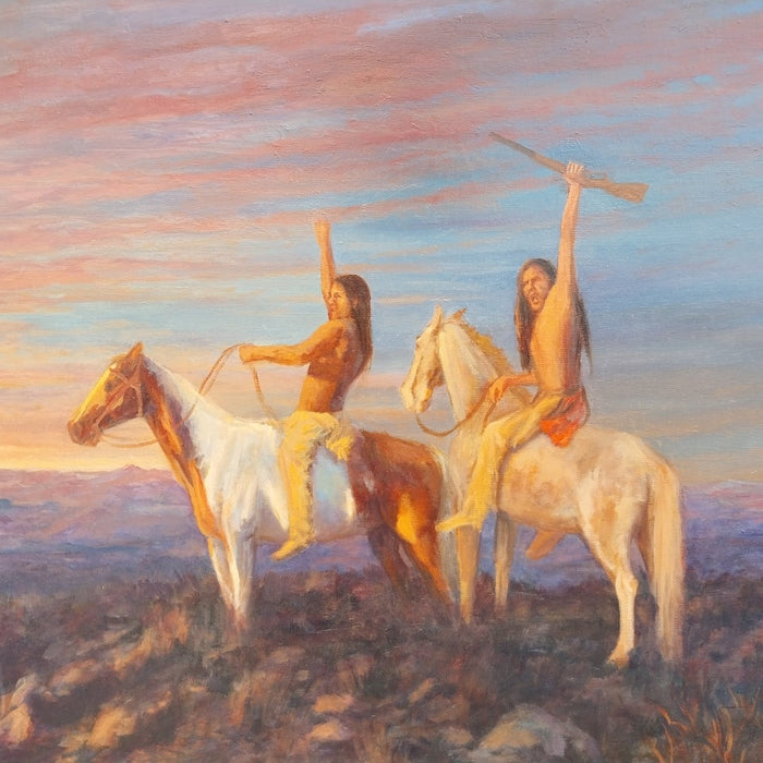 OL PAINTING OF 2 INDIAN BRAVES BY RITA MORRIS