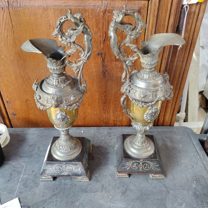 PAIR OF SPELTER EWERS WITH ORNATE DETAILS-AS FOUND