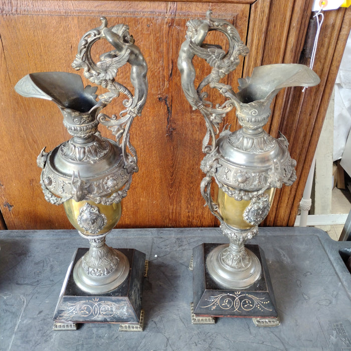 PAIR OF SPELTER EWERS WITH ORNATE DETAILS-AS FOUND