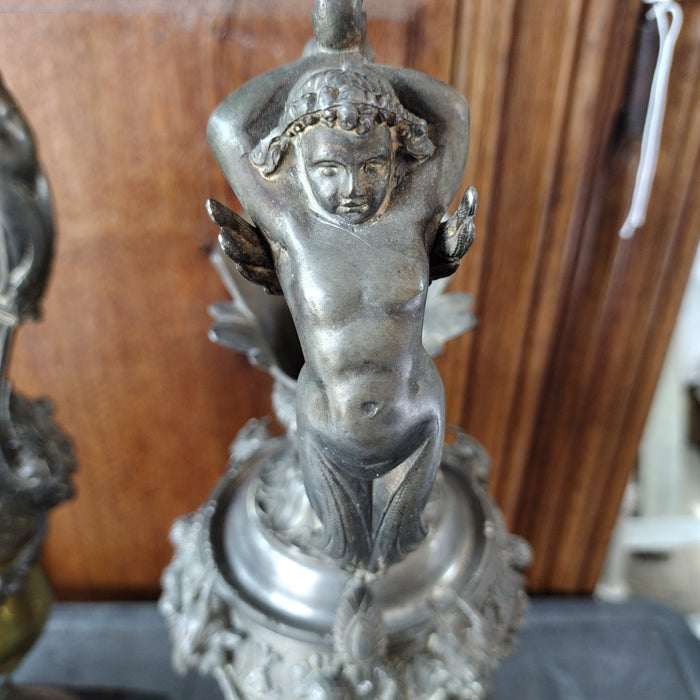 PAIR OF SPELTER EWERS WITH ORNATE DETAILS-AS FOUND