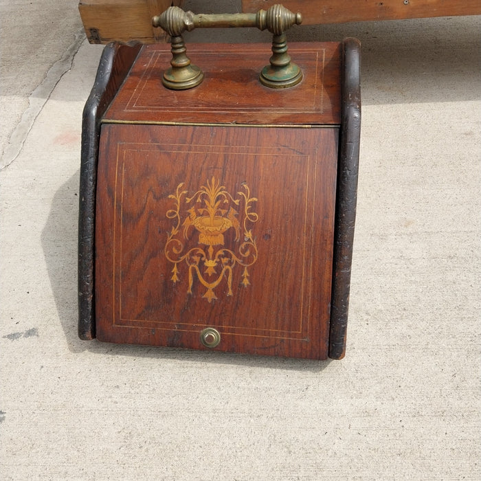 19TH CENTURY INLAID COAL HOD WITH SHOVEL