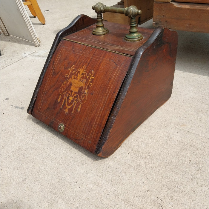 19TH CENTURY INLAID COAL HOD WITH SHOVEL