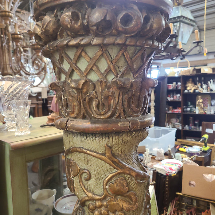 CARVED GREEN ITALIAN GRAPE VINE CARVED COLUMN WITH GOLD ACCENTS