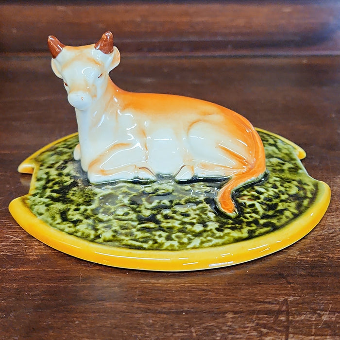 STAFFORDSHIRE COW FIGURE BUTTER JAR WITH LID