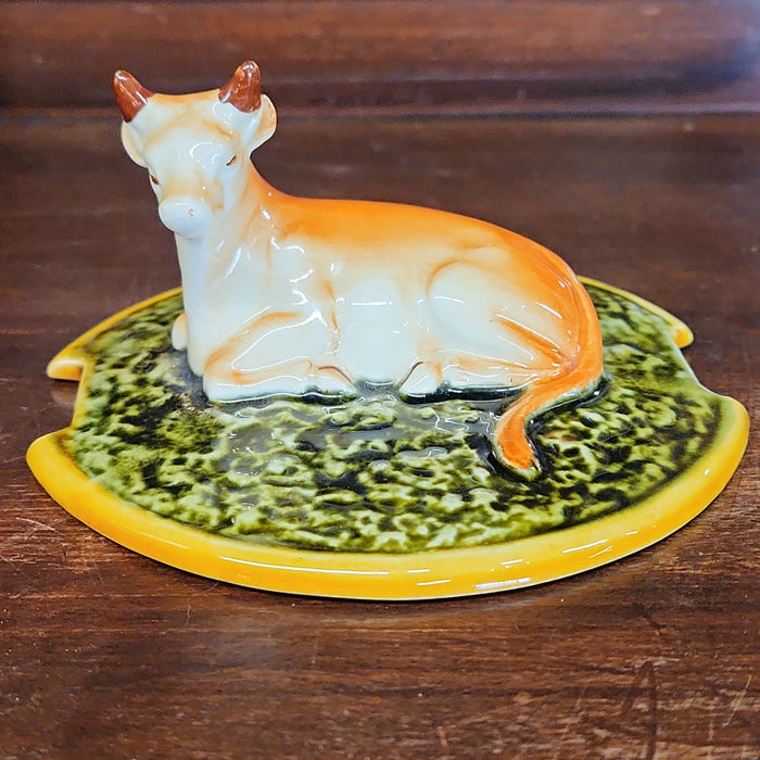 STAFFORDSHIRE COW FIGURE BUTTER JAR WITH LID
