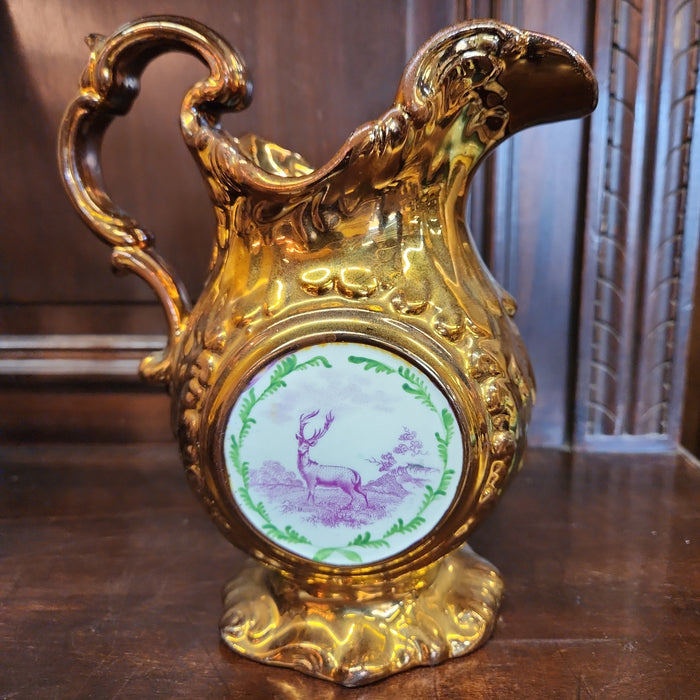 COPPER LUSTER PITCHER WITH STAG AND CLOCK FACE