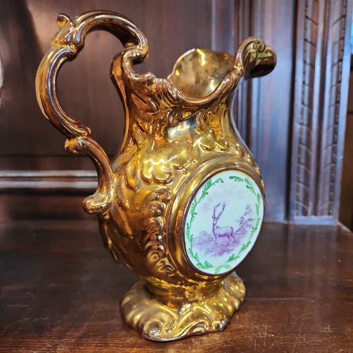 COPPER LUSTER PITCHER WITH STAG AND CLOCK FACE