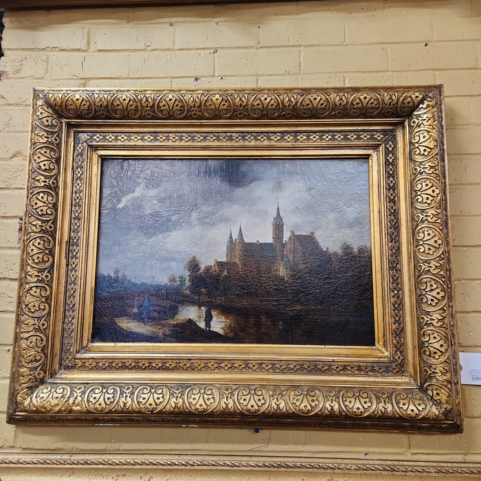 LARGE GILT FRAMED OIL PAINTING OF A CHURCH BY RIUSCO