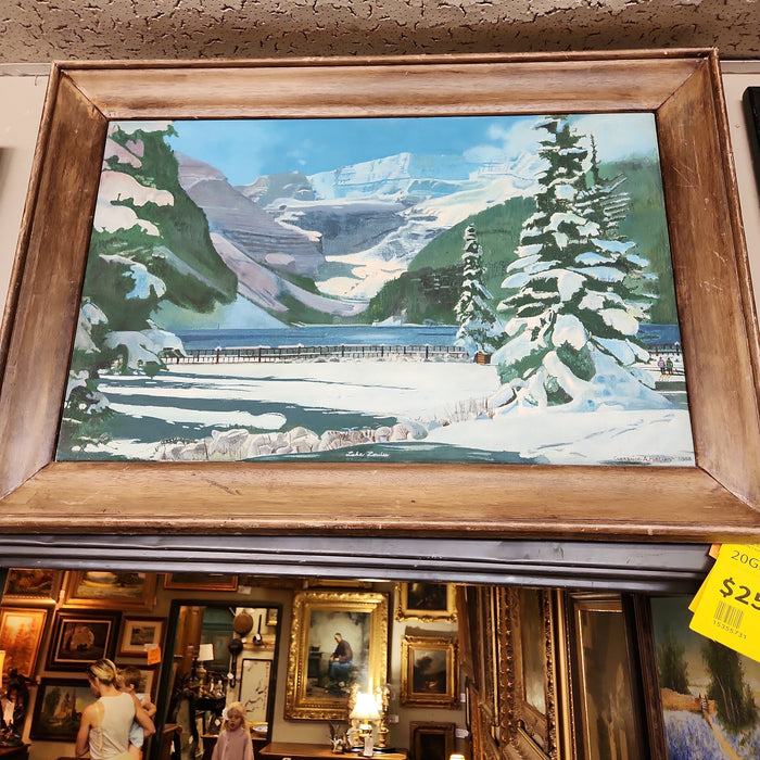LANDSCAPE OIL PAINTING OF A SNOWY MOUNTAIN AND LAKE LOUISE BY HUBBARD