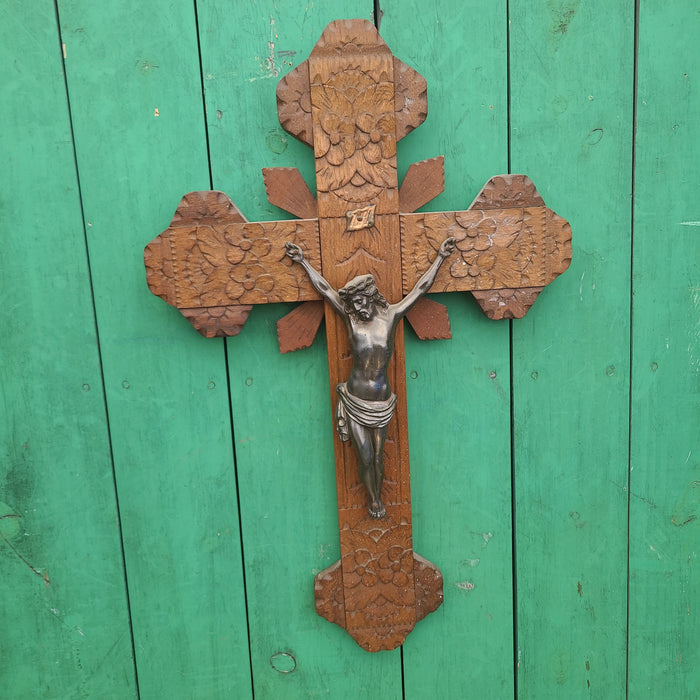 LARGE WOOD AND SPELTER CRUCIFIX