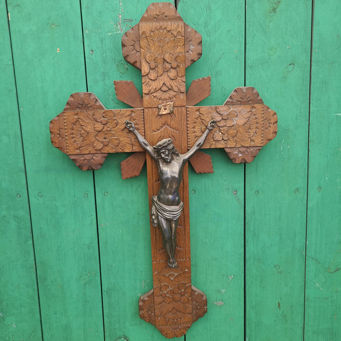 LARGE WOOD AND SPELTER CRUCIFIX