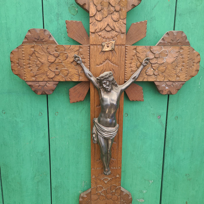 LARGE WOOD AND SPELTER CRUCIFIX