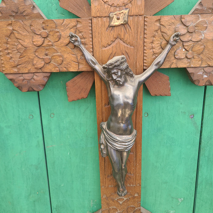 LARGE WOOD AND SPELTER CRUCIFIX