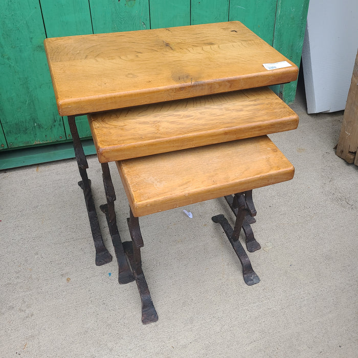 SET OF IRON AND OAK STACKING TABLES