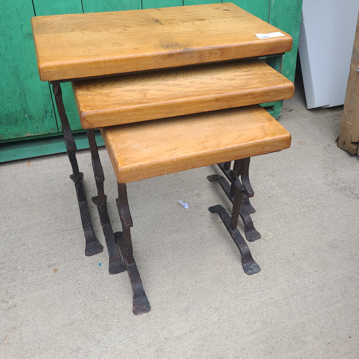 SET OF IRON AND OAK STACKING TABLES