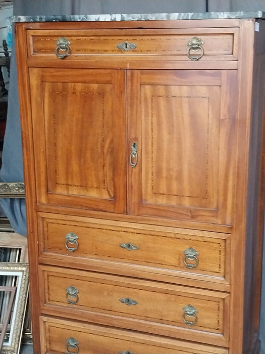 NARROW MARBLE TOP INLAID CABINET WITH 4 DRAWERS AND 2 DOORS