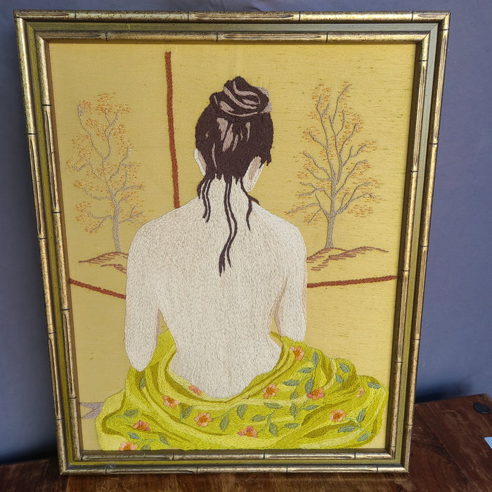 CREWEL WORK LADY IN BAMBOO FRAME