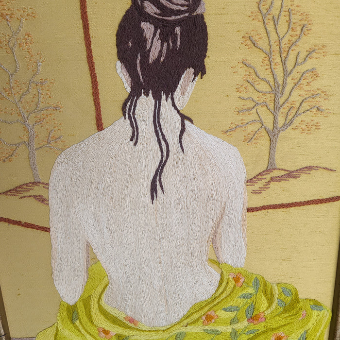 CREWEL WORK LADY IN BAMBOO FRAME