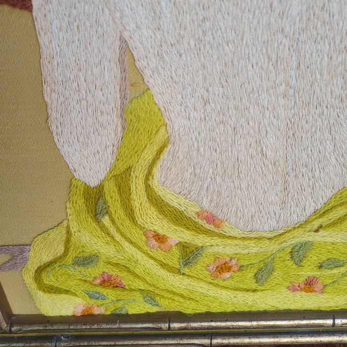 CREWEL WORK LADY IN BAMBOO FRAME