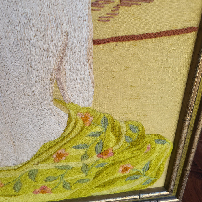 CREWEL WORK LADY IN BAMBOO FRAME