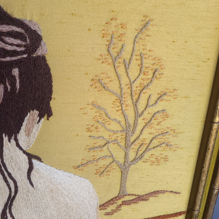 CREWEL WORK LADY IN BAMBOO FRAME