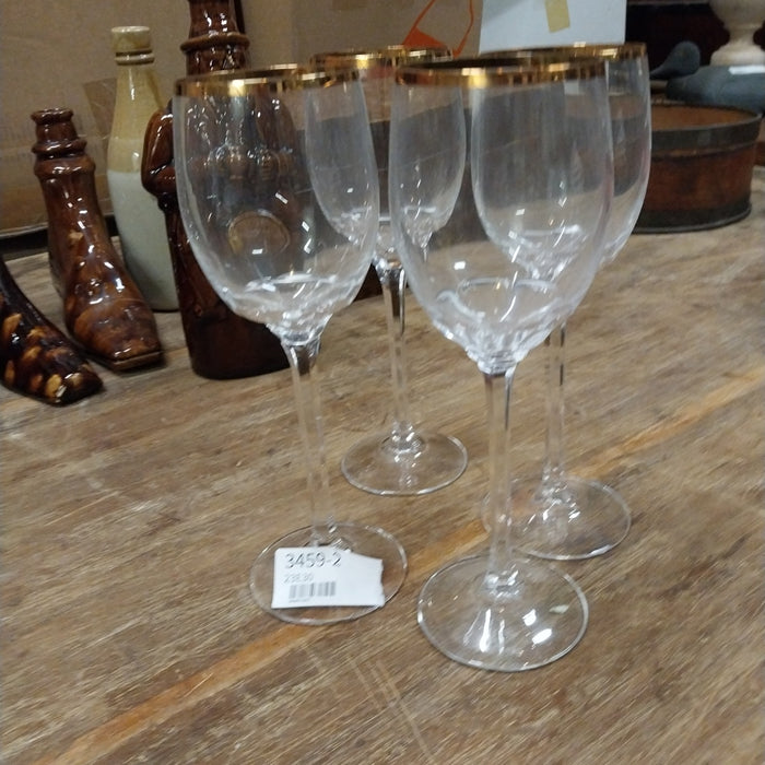 SET OF 3 GOLD RIMMED CRYSTAL WINE GLASSES