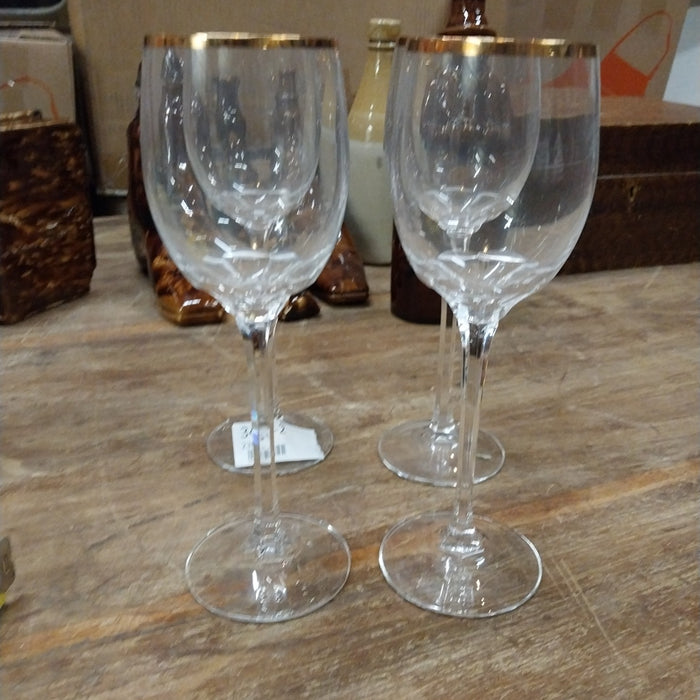 SET OF 3 GOLD RIMMED CRYSTAL WINE GLASSES