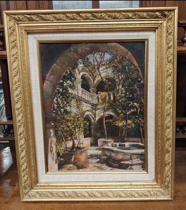 FRAMED COURTYARD OIL PAINTING-SIGNED