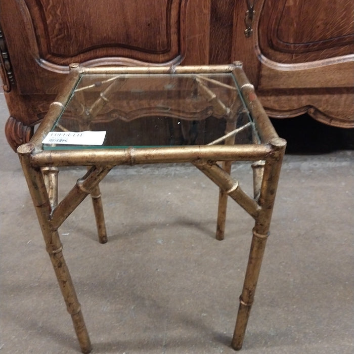 SMALL GLASS TOP GILT METAL FAUX BAMBOO GLASS TOP STAND