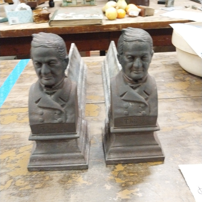 PAIR OF 19TH CENTURY CAST IRON MAN BUST  ANDIRONS